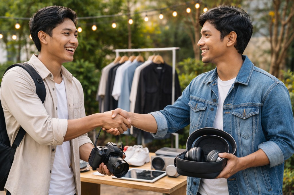 Two people shaking hands while trading items at an outdoor market