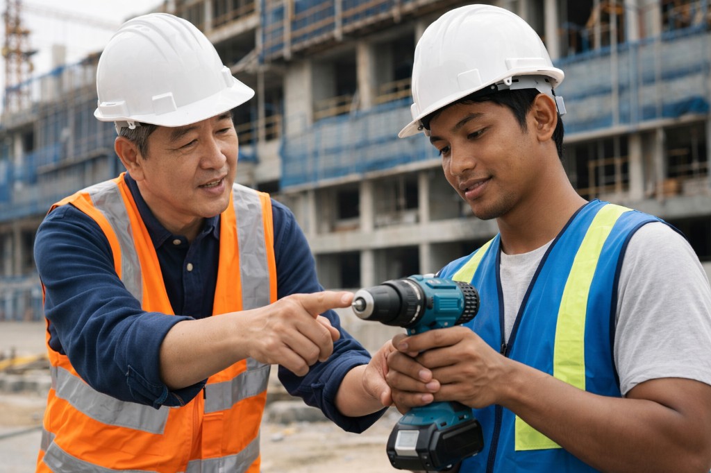 Construction workers reviewing a power tool on a building site