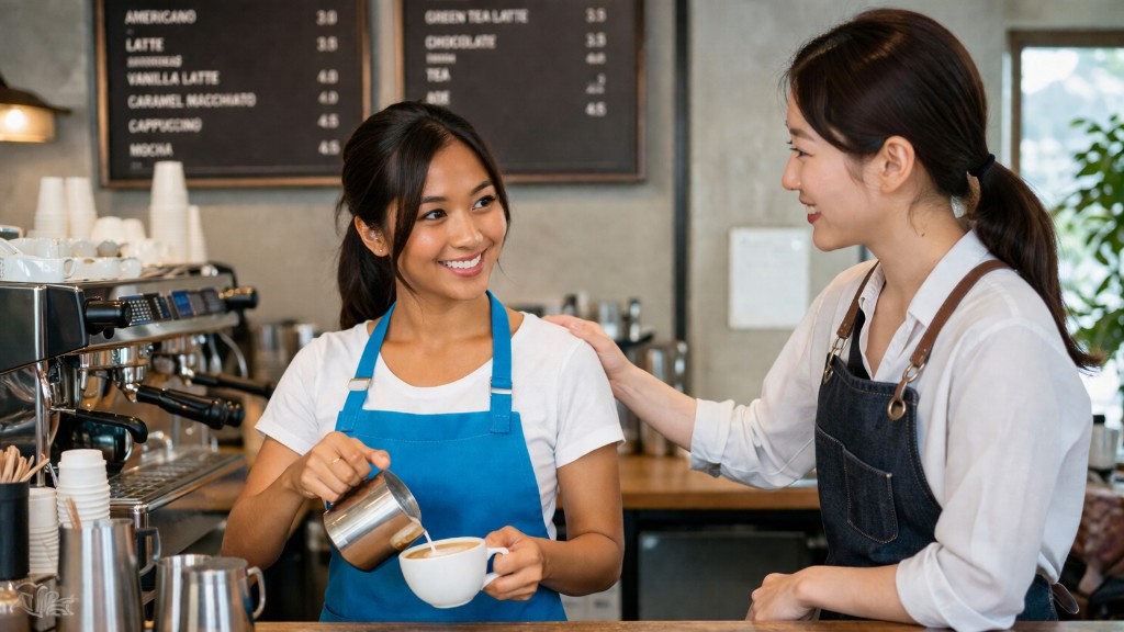 Coworkers preparing drinks together at a cafe